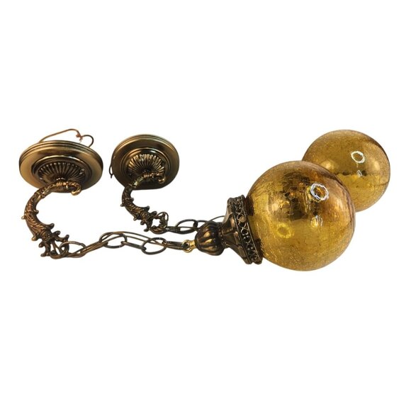 Brass & Amber Crackle Glass Vintage Wall Sconce Lighting Pair With Ornate Detail - Picture 11 of 16